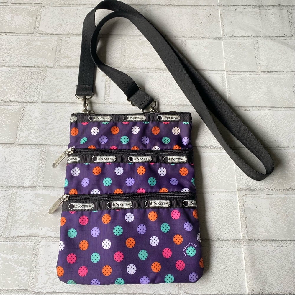 LeSport Sac Crossbody Bag Purple Multicolor Polka-Dot Adjustable Strap Logo